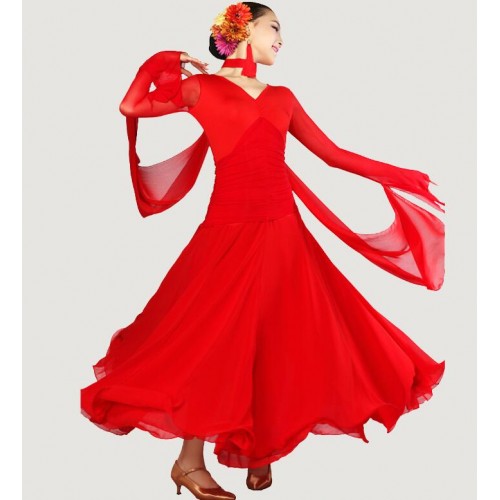 Black red long length women's microfiber competition ballroom tango waltz dancing dresses outfits